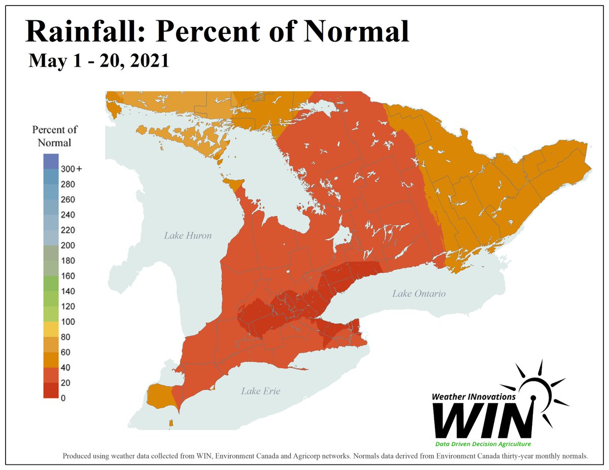 Although it has been great weather for planting it's not so great for growing! Ontario has seen a severe lack of moisture in May. Ranging from 80%-20% of the normal rainfall expected in Ontario.
Find more site specific information by creating an account at DecisionFarm.ca
