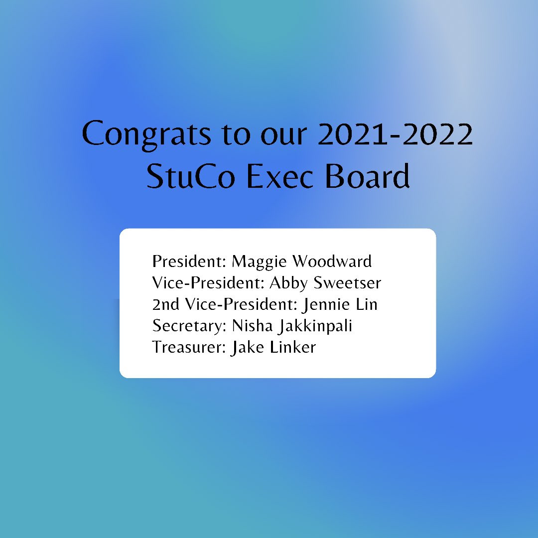 Congrats to our new StuCo EXECUTIVE BOARD!! 

President: Maggie Woodward
Vice-President: Abby Sweetser
2nd Vice-President: Jennie Lin
Secretary: Nisha Jakkinpali 
Treasurer: Jake Linker
