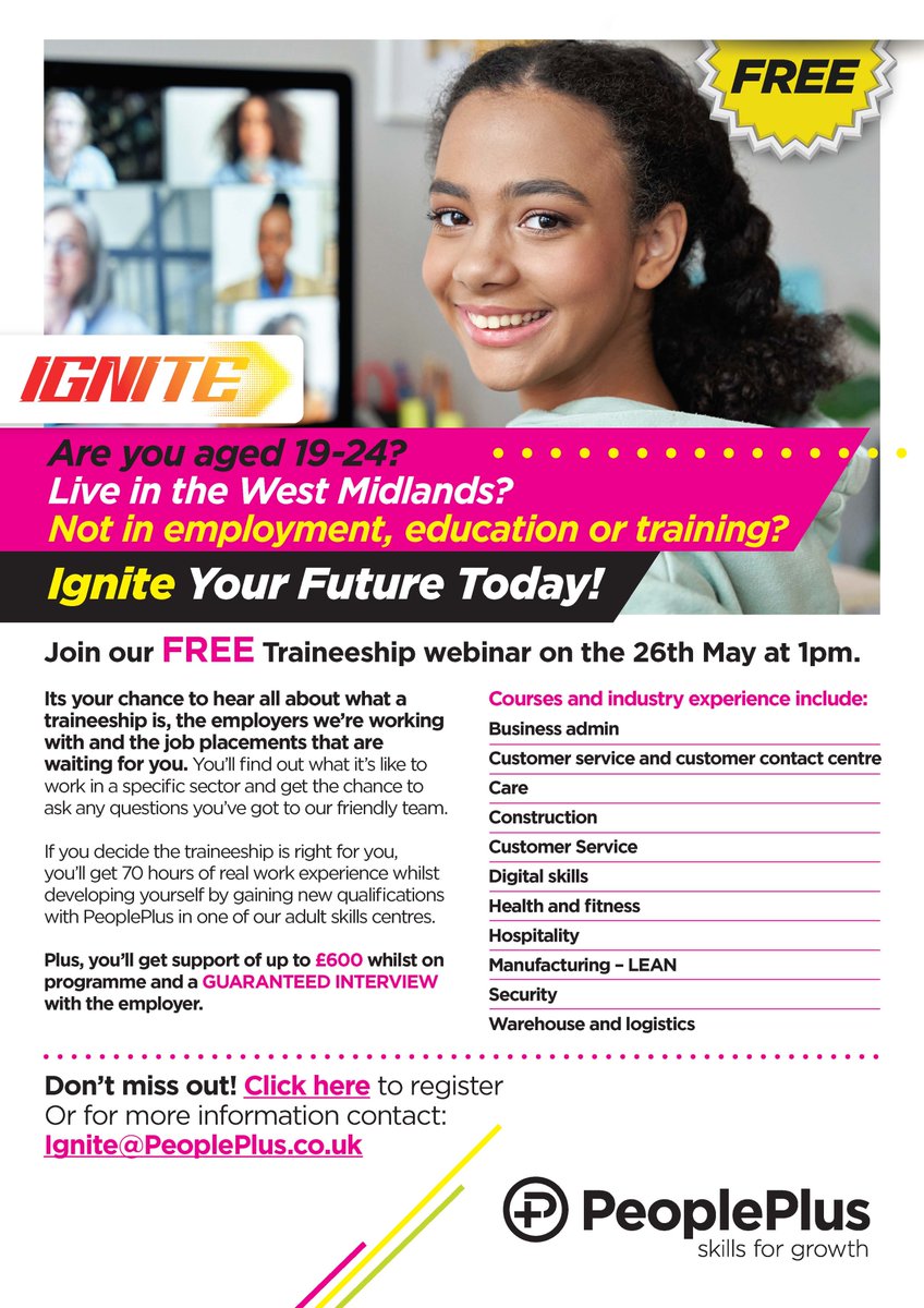 peopleplusuk's tweet photo. Are you, or do you know some who is 19-24 and unsure what path they want to take? Join the #Igniteyourfuturetoday webinar, register here https://t.co/VptuKn9B56 @Warwickshire_CC @live_coventry @myworcester @WalsallCouncil @blackcountry https://t.co/T8VwWEKYdl