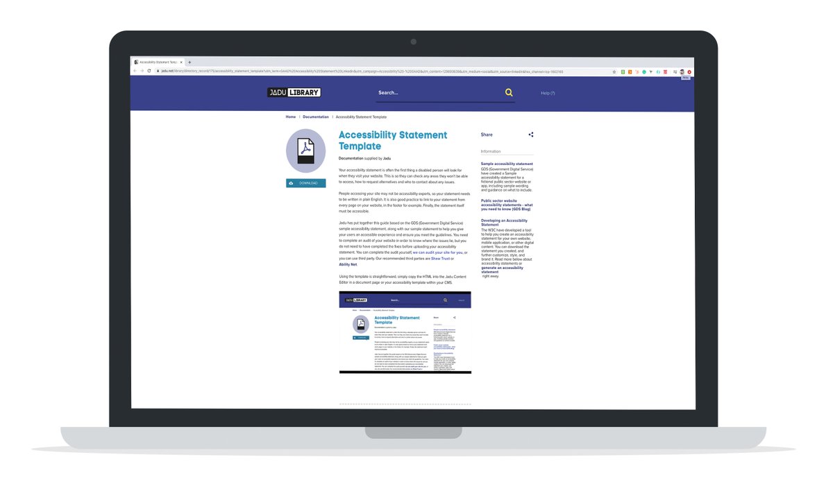 jadu's tweet photo. #Accessibility Statement Template | Now on the #JaduLibrary!
Weβve put together a guide and template to help you give your users an #accessible experience on your website and to help you meet the upcoming September deadlines.
View and download now: https://t.co/fHCWFQgpex https://t.co/pEoKwEmRKY
