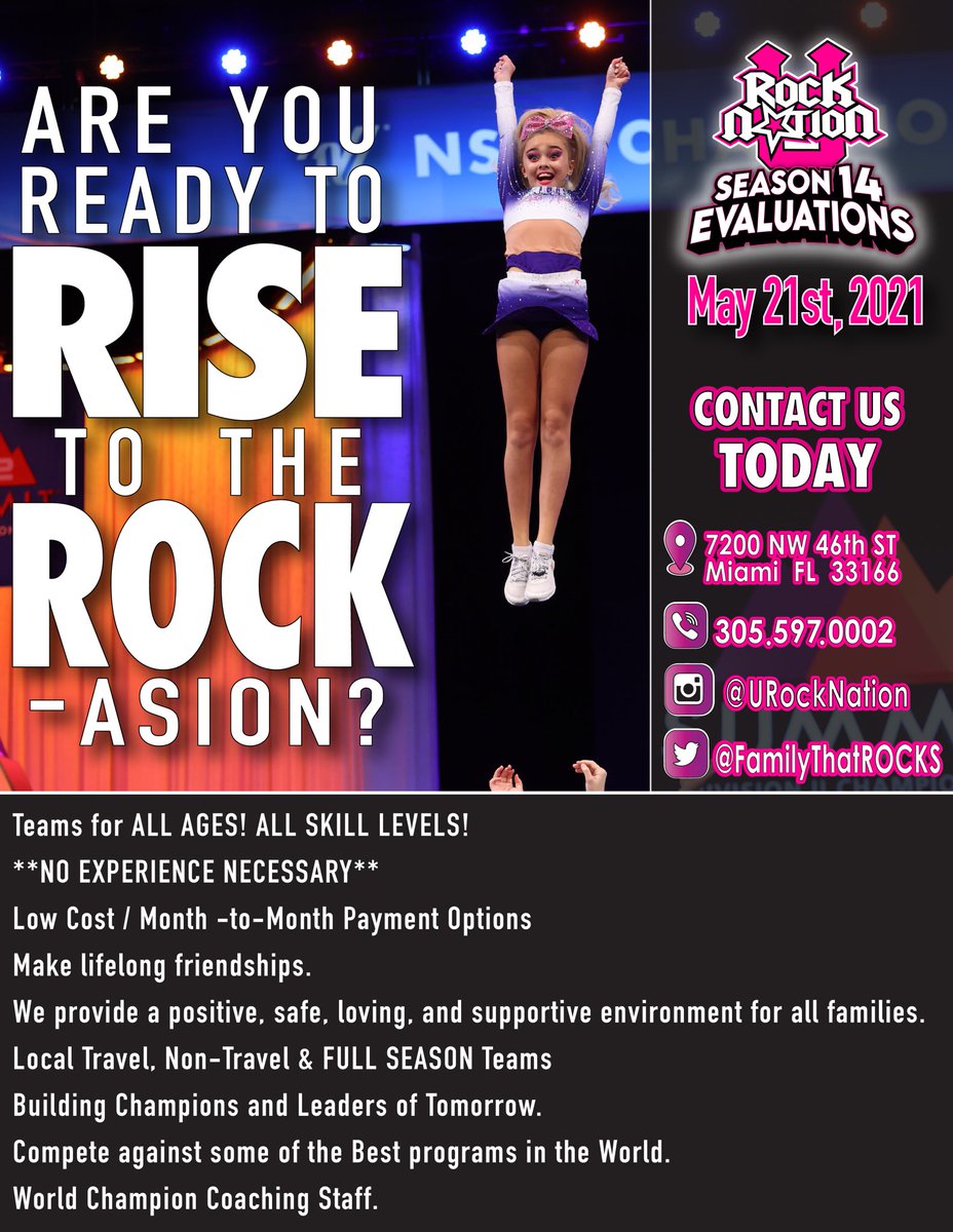 United Rock Nation All Stars on #Google local.google.com/place?id=72057…
🚨Calling ALL 5-18 year old BOYS and GIRLS interested in cheerleading or looking for a NEW PLACE to have fun, grow, &amp; experience the sport of cheerleading.🚨
🤘🏼🎸ATHLETE EVALUATIONS START TONIGHT #URN #2getherWeROCK