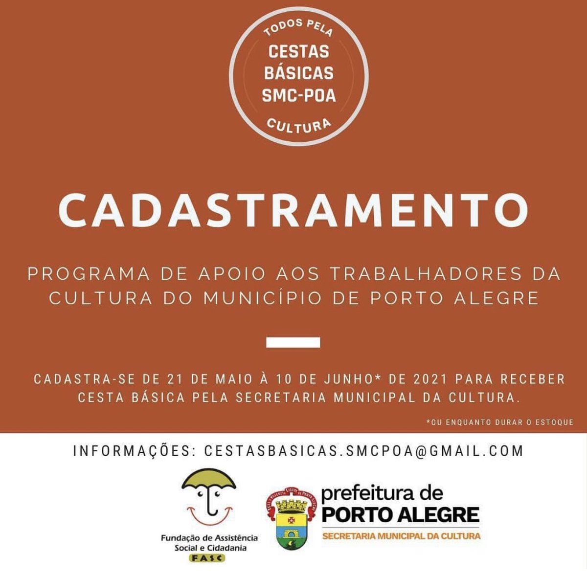 ahtricultural's tweet photo. Cadastramento aberto para receber cestas básicas do Programa De Apoio Aos Trabalhadores da Cultura do Município de Porto Alegre, passem adiante para chegar a todos que precisam!
#cultura #portoalegre #SMCPOA #cestasbasicas https://t.co/6gfTiJTtRP