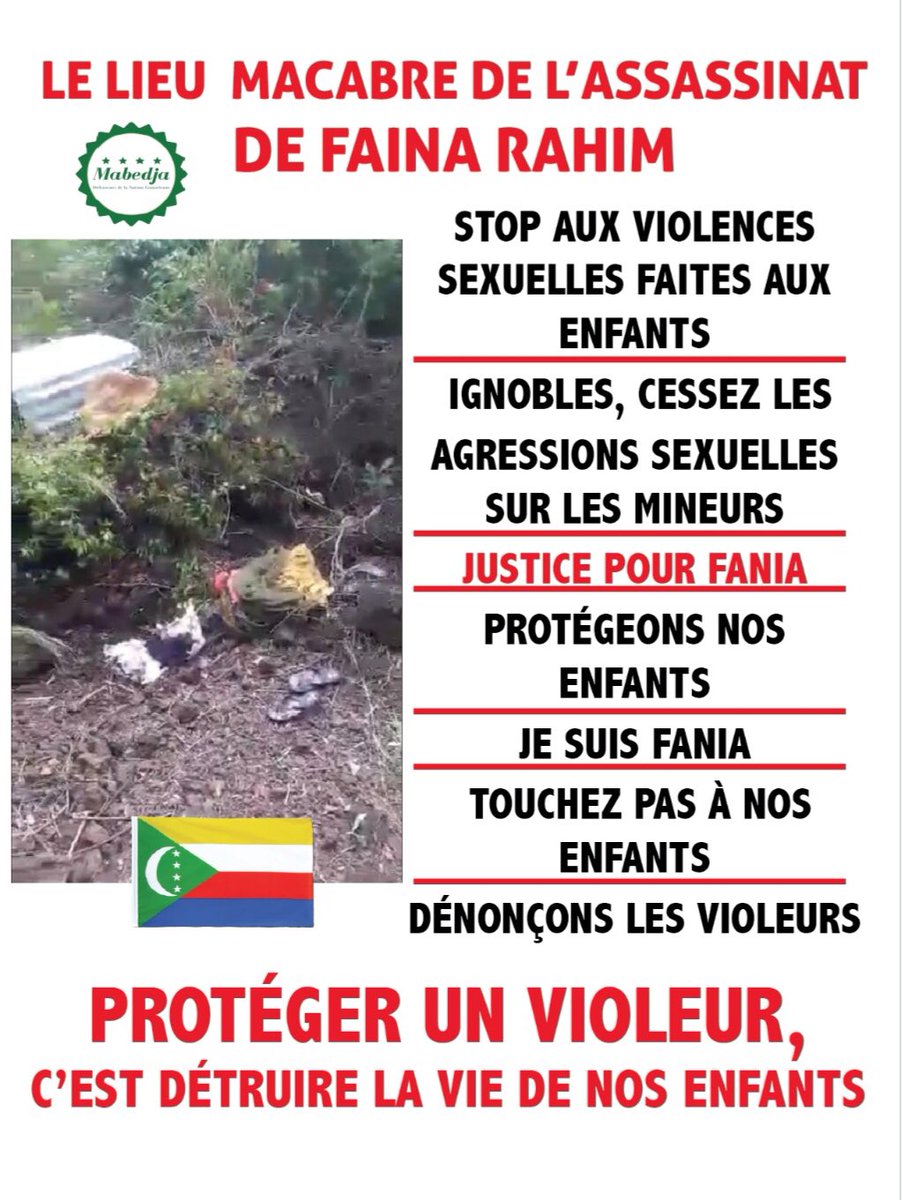 Mabedja_Comores's tweet photo. Marche en hommage à Faina ce samedi 22 mai à 13h à Marseille.
Réclamons que justice soit faite 

#BalanceTonVioleur #JusticePourFaina #MarcheauxComoresPourLaPaix #Comores https://t.co/OWelM4mY4P