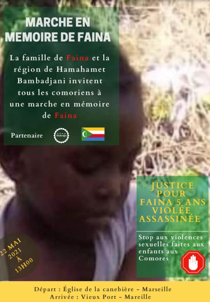 Mabedja_Comores's tweet photo. Marche en hommage à Faina ce samedi 22 mai à 13h à Marseille.
Réclamons que justice soit faite 

#BalanceTonVioleur #JusticePourFaina #MarcheauxComoresPourLaPaix #Comores https://t.co/OWelM4mY4P
