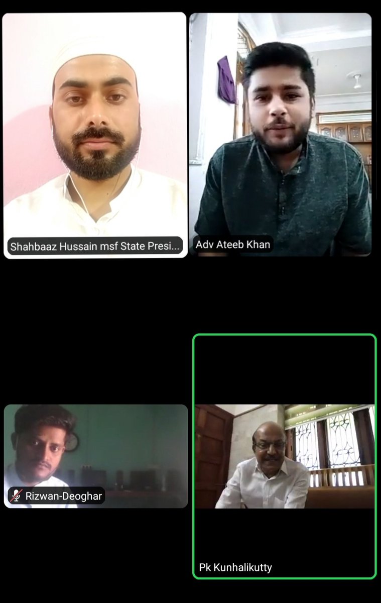 msf4Jharkhand's tweet photo. Muslim Student Federation State Committee has organised a online meeting in zoom app.

@PKKunhalikutty sb  @AbdulWahabPV  sb. @AsharafaliTp @AhamedSaju1   @ateebmaazkhan22 and all State council member of msf.

Thanks to all for attending zoom meet
msf State Committee , Jharkhand https://t.co/QI7o7RPDHA