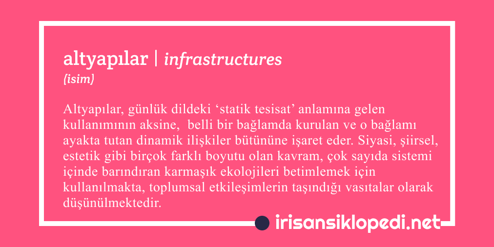 altyapılar | infrastructures (isim)

Yazar: 
Selen Eren ve Kaya Akyüz (
<a href="/selenerenselen/">Selen Eren I selenerenselen@universeodon.com</a> @KayaAkyuez 
 )
 
Açıklamanın kendisi: 
irisansiklopedi.net/2020/01/22/inf…

#infrastructures #altyapılar #sts #irisansiklopedi #crowdsourced