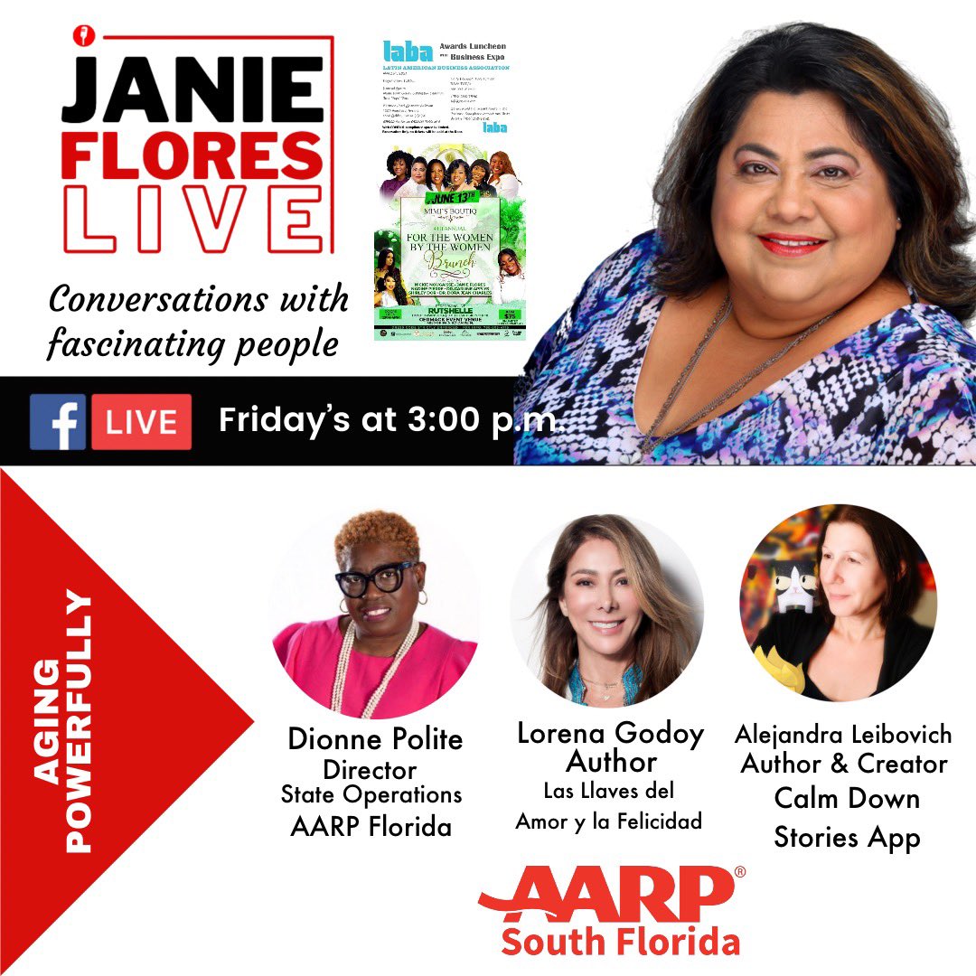 BizRadioTv's tweet photo. 🔅Today, 3PM on #FacebookLive
@JanieFloresLive continues series on #AgingPowerfully & #DisruptAging and chats with three transformers:
🔅Dionne Polite @AARPDHEPolite @AARPFlorida
🔆Lorena Godoy, Author 🔑
🔅@aleloop #CalmDownStories
#JanieFloresLive https://t.co/OHiuzt968z