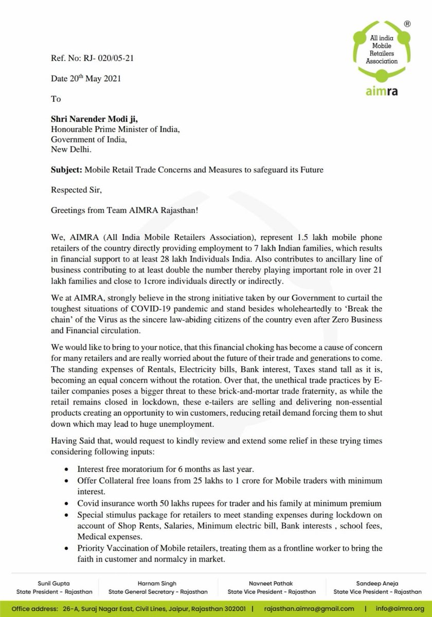 DKENTERPRISES14's tweet photo. @aimra_mp @narendramodi @PMOIndia @mannkibaat @AimraIndia @ChouhanShivraj @AmitShah @nsitharaman @nitin_gadkari @PiyushGoyal @OfficeofSSC @KailashOnline @drnarottammisra @DainikBhaskarMP Honourable @narendramodi ji @PMOIndia We request your kind attention to the ailing situation of mobile retailers of the country amidst the pandemic. Looking forward to an assurance in your @mannkibaat on safeguarding our future @AimraIndia https://t.co/BtNx70ofI4