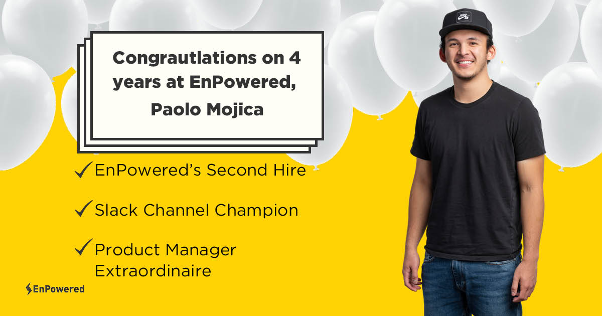 GetEnPowered's tweet photo. We're back with another EnPowered anniversary!

Our Product Manager, Paolo, celebrates 4 years of keeping our programs on track and invigorating our Slack convos. We're glad he's part of the team!

#EnPowered #WorkAnniversary #VirtualEnergyMover #VirtualEnergyMovement https://t.co/YYH4BPw2VO