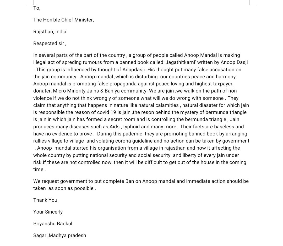 PriyanshuBadkul's tweet photo. A open letter to Hon'ble Chief Minister Rajsthan @ashokgehlot51
#bananoopmandal 
@JainMedia
Offence under IPC section 153A and section295A. https://t.co/YimzufAFi1