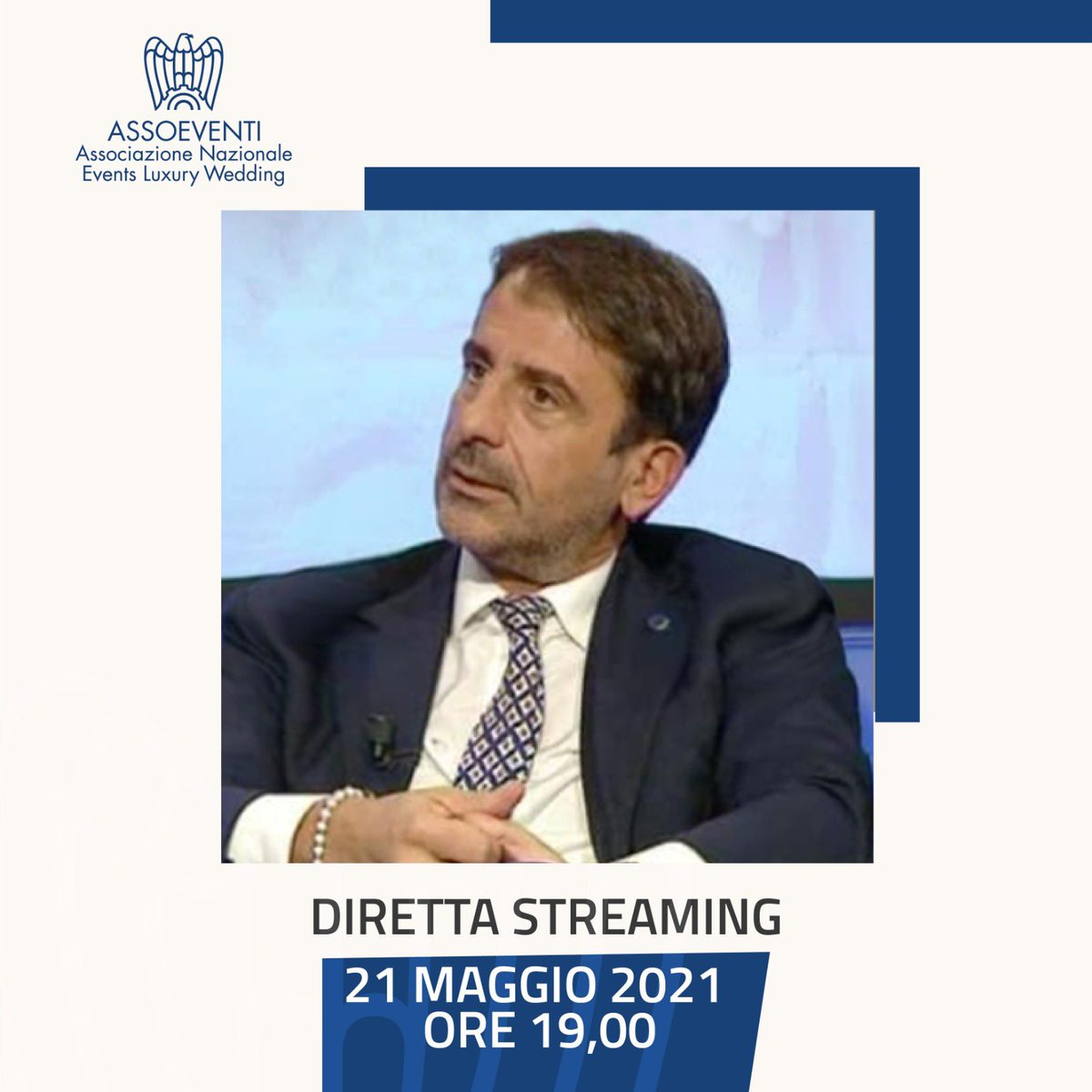 Ci siamo, questa sera alle 19,00 il Presidente di Assoeventi interverrà in #DIRETTAFACEBOOK per comunicare importanti novità circa la ripartenza del #Wedding ❗️