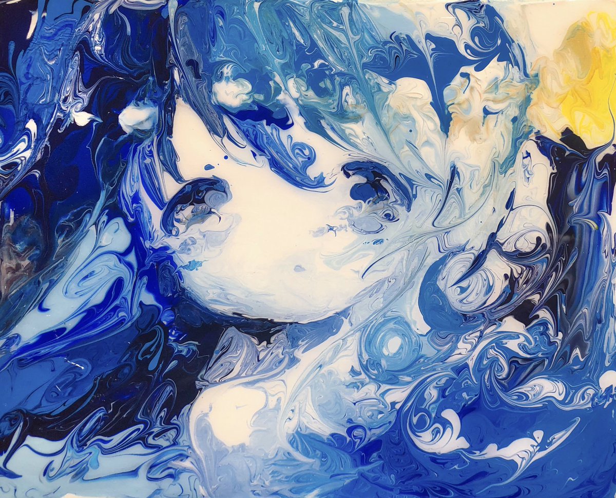 solo 1girl waves liquid hair looking at viewer traditional media blue theme  illustration images