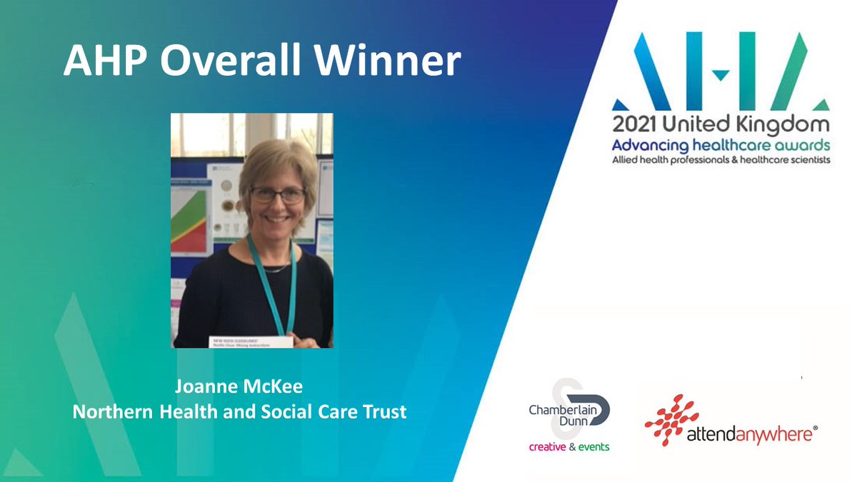 AHAwards's tweet photo. And the Overall AHP Winner for the 2021 Advancing Healthcare Awards is Joanne McKee, AHP Lead, Whiteabbey Nightingale @NHSCTrust – very many congratulations @mckee_joanne #AHAwards @healthdpt @attendanywhere @jennykeaneCAHPO https://t.co/XTvbgqv213