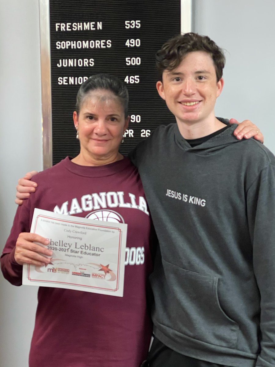 MagnoliaHighTX's tweet photo. Congratulations to Ms. Leblanc for being recognized as a MEF Star Educator by Cody Crawford. Ms. Leblanc helps handle all things attendance for MHS. Congrats Ms. Leblanc! We appreciate all you do for us and our students. #LoveServeCare #ALLINMHS #GoDogsMHS https://t.co/hSagFivtG5