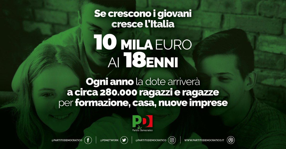 Una dote economica ai 18enni per formarsi, prendere casa, creare nuove imprese. Non un prestito, ma un finanziamento coperto con le tasse di successione, così che se ne possa godere senza doverlo poi restituire. Per garantire a tutti le stesse opportunità. #dote18 #perigiovani