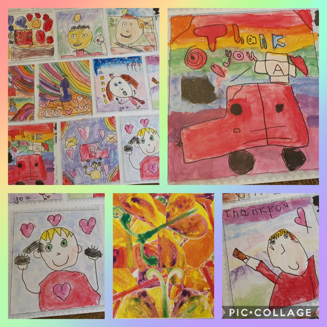 RinglandPrimary's tweet photo. What a fantastic effort made by our wonderful children! We have been working hard to design and create brightly coloured, beautiful stamps to celebrate our incredible lockdown heroes for @RoyalMail stamp competition 🎨📮🌈Pob Lwc Pawb!🤞#EAS_expressivearts #creativecontributers https://t.co/bdDqP7G4dU
