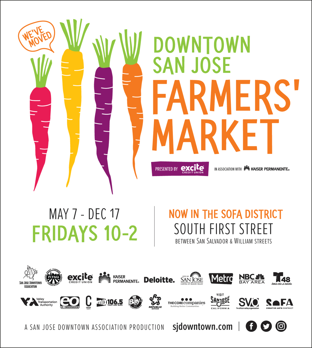 sliccardo's tweet photo. The Downtown San Jose Farmers' Market is back! You can find the market every Friday through December 17 from 10AM-2PM in the SoFA District, located on South First Street between San Salvador &amp; William Street. Learn more at: https://t.co/ShlCba1Crt. #ShopLocalSJ https://t.co/D6TBoyMGEC