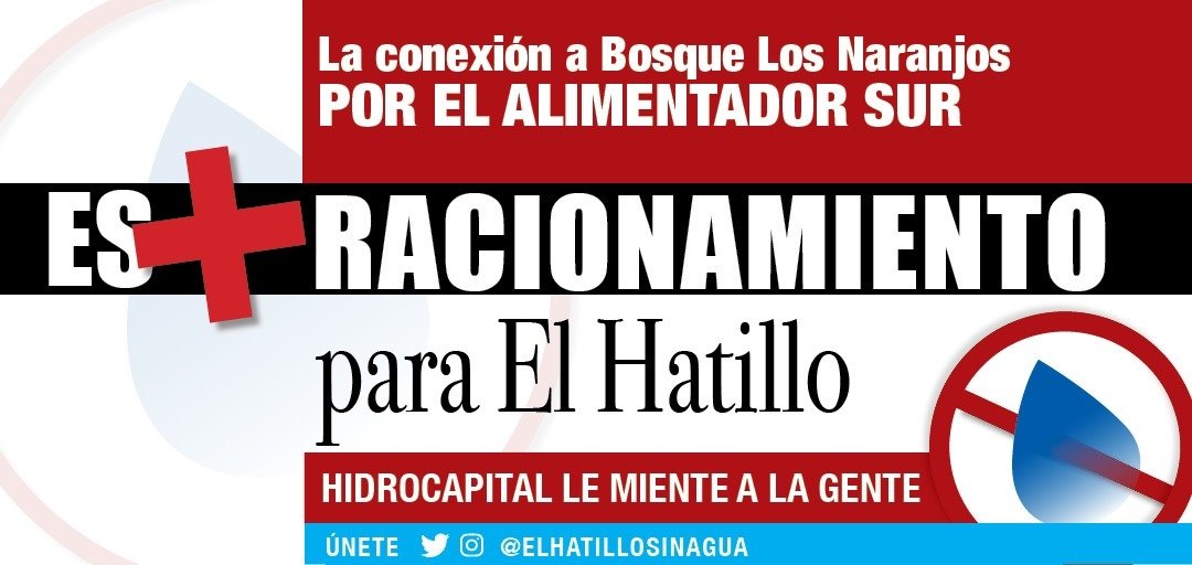 HatilloSin's tweet photo. La poca y racionada agua que nos llega a El Hatillo desaparecerá con la conexión por el Alimentador Sur. Los Vecinos exigimos a Hidrocapital NO otorgar ese permiso @ElPitazoTV @CaraotaDigital @RCR750 @la_lapatilla 
#ElHatillo_sin_Agua
#ElHatillo_mas_Racionamiento https://t.co/IhRuWTQiKj