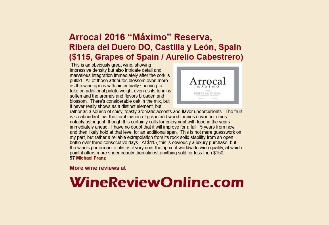 WineReviewOnline.com (@winereviewonlin) on Twitter photo WineReviewOnline.com Featured #Wine Review:
Arrocal 2016 “Máximo" Reserva Ribera del Duero, Spain (@GrapesOfSpain / Aurelio Cabestrero)
<a href="/Michael_Franz/">Michael Franz</a> 97 Points
1 of 5 Arrocal wines that Michael reviewed this week. Read his reviews, and more, at WineReviewOnline.com/wine_reviews.c… WineReviewOnline.com Featured #Wine Review:
Arrocal 2016 “Máximo" Reserva Ribera del Duero, Spain (@GrapesOfSpain / Aurelio Cabestrero)
<a href="/Michael_Franz/">Michael Franz</a> 97 Points
1 of 5 Arrocal wines that Michael reviewed this week. Read his reviews, and more, at WineReviewOnline.com/wine_reviews.c…