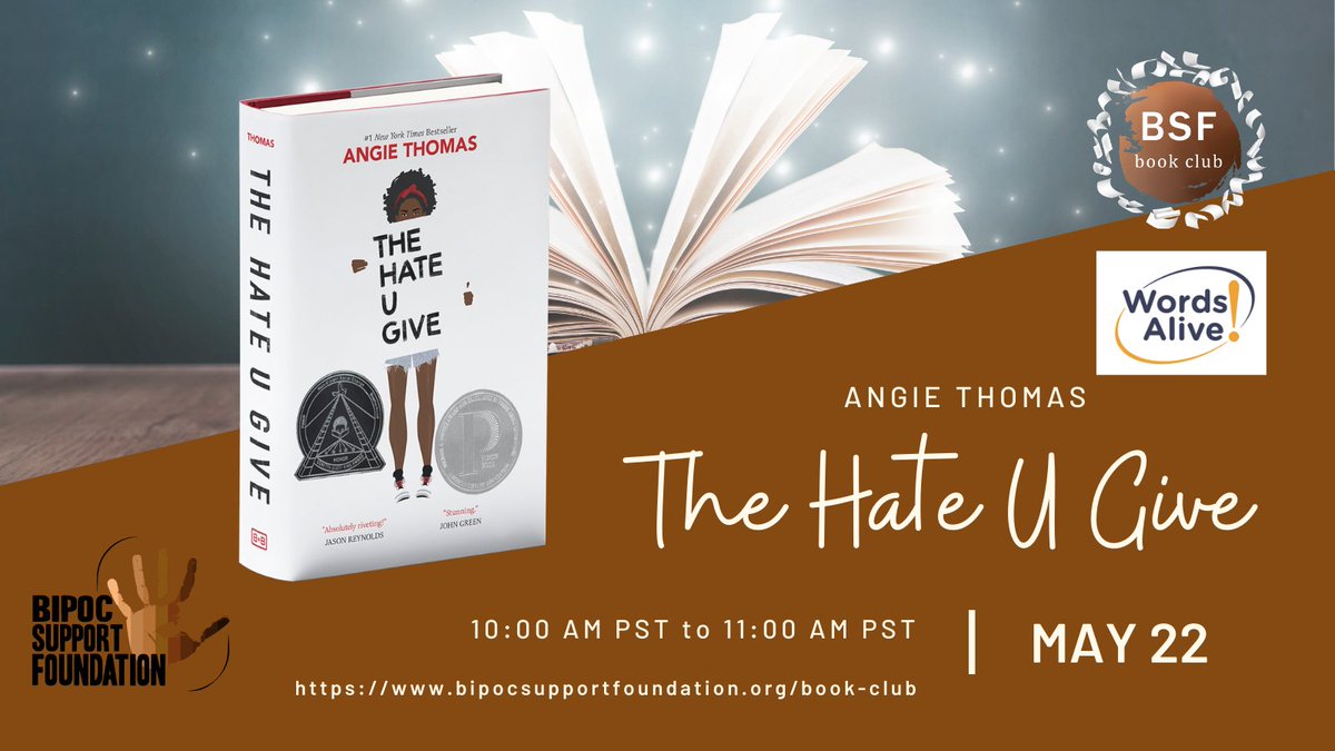 Tomorrow, join our FREE virtual book club discussion about @angiecthomas' The Hate U Give. 

Participation gives you access to curriculum designed for this text via our partnership with @WordsAliveSD

https://t.co/FM6lyNt6uA

#bsfbookclub #decolonizededucation #bookclub #Saturday https://t.co/8Xi7cNv7lp