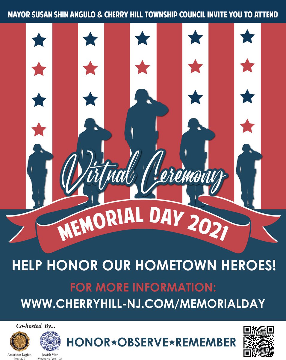 Cherry Hill Township will host a virtual Memorial Day Ceremony on Monday, May 31 at 11:30 a.m. The ceremony will be streamed on the township's Facebook page and will also be posted on the township website.
Learn More: cherryhill-nj.com/CivicAlerts.as…