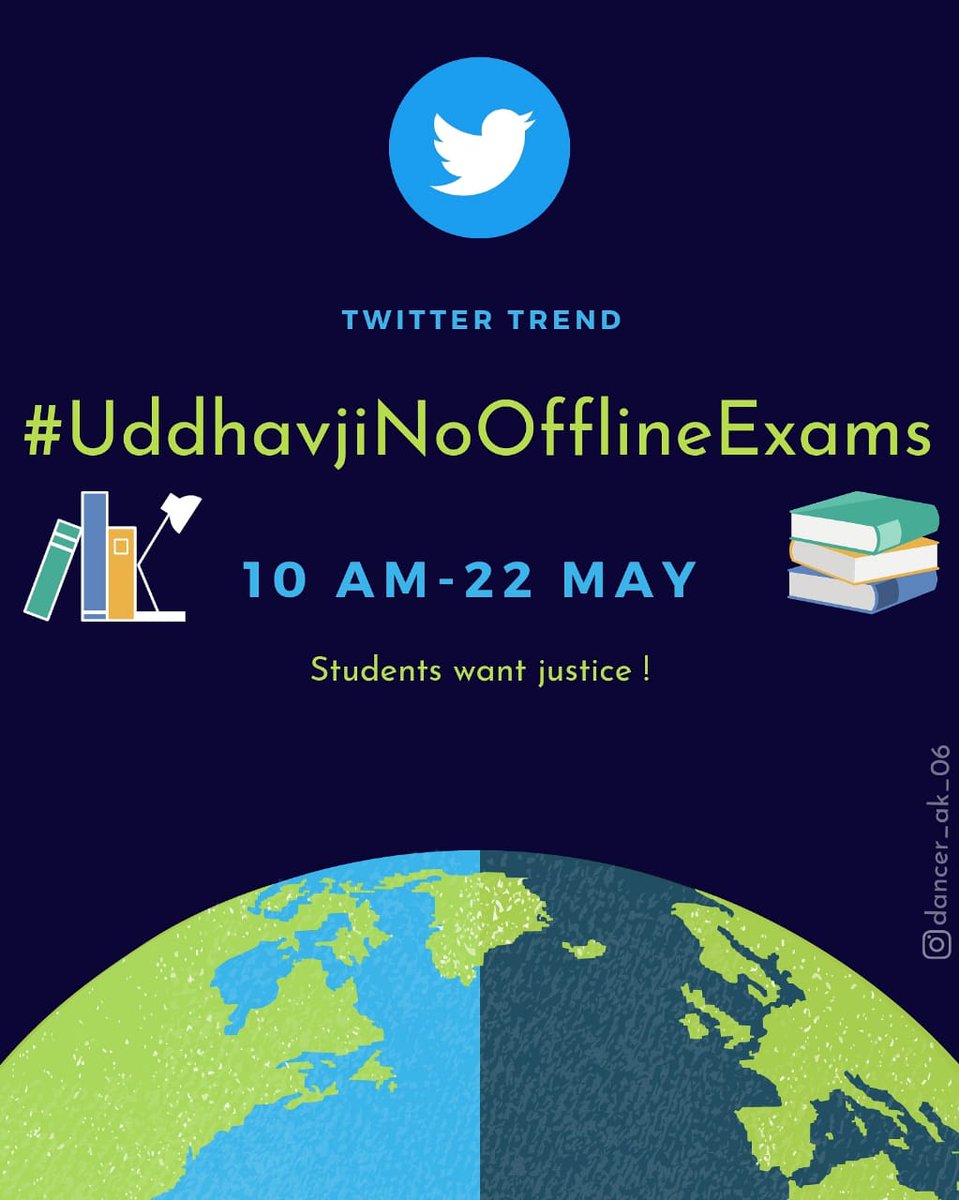 anubha1812's tweet image. Twitter storm on 22nd May for Maharashtra students
#UddhavjiNoOfflineExams 

10 am onwards

Tag @CMOMaharashtra 
@OfficeofUT 
@VarshaEGaikwad 

Use only one hashtag