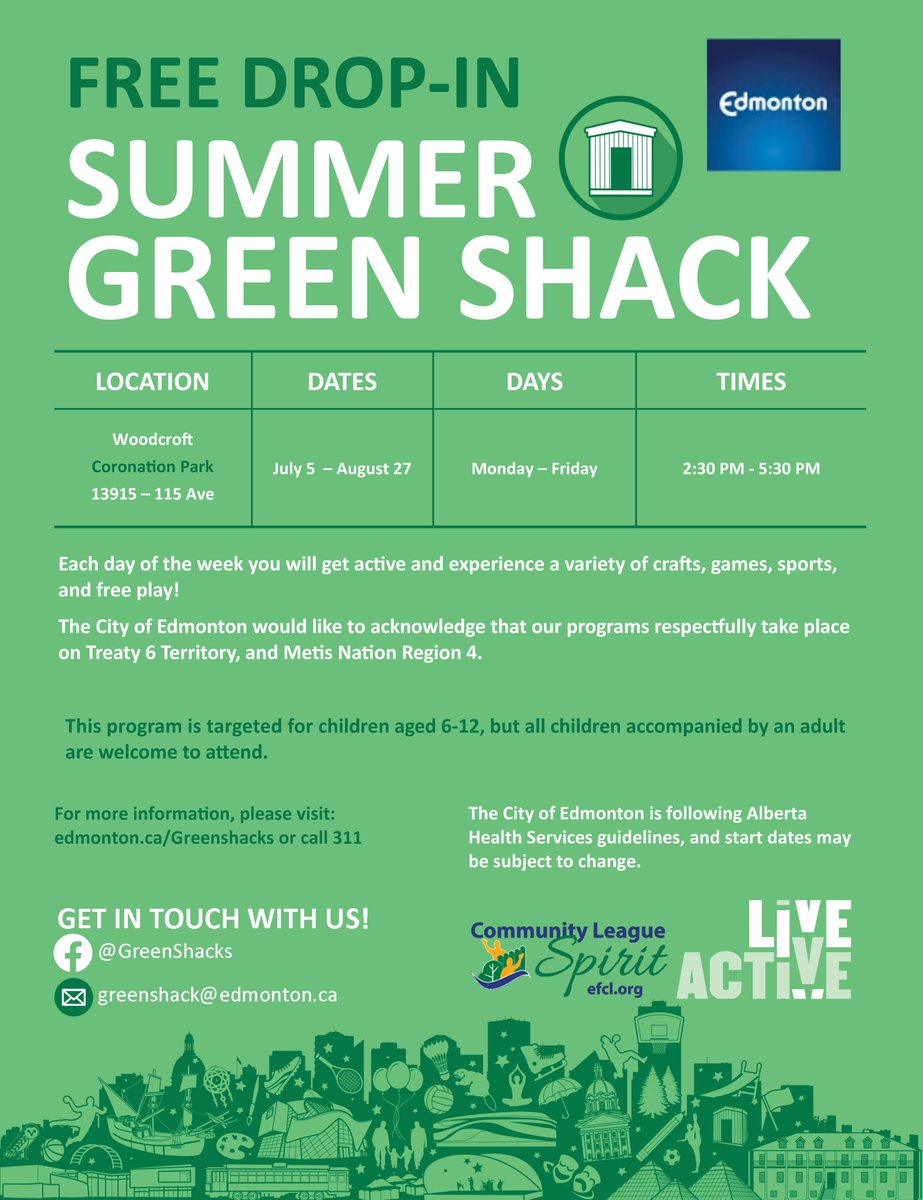 WoodcroftCL's tweet photo. The @CityofEdmonton is having their Free Drop-in Summer Green Shacks Program in Woodcroft's Coronation Park from July 5th - August 27th on Mondays to Fridays from 2:30pm - 5:30pm. They are following 
@AHS_media guidelines &amp; start dates may be subject to change. #WoodcroftCL https://t.co/A401keEoQ3