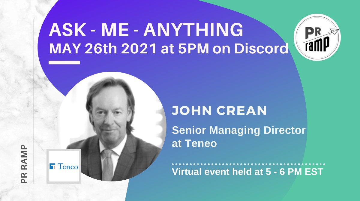 🤓Join our chat with John Crean <a href="/jcrean/">John Crean</a> Wed May 26 5PM EST🙌

John is Senior Managing Director <a href="/Teneo/">Teneo</a> with expertise in crisis management, public affairs strategy, &amp; more! 

DM us for access! Can't make the event? Comment or DM us your questions to be answered! 😀

@GenerationPR