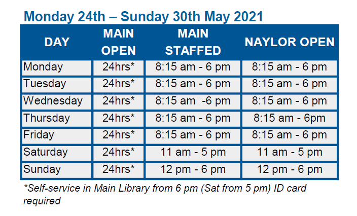 LibraryStMarys's tweet photo. On Monday, staffed hours at the Main Library and opening hours at the Naylor Library will change.  There will still be 24 hours self-service in the Main Library from 6pm (Sat from 5pm) - ID card required. https://t.co/EidAHYqhD0