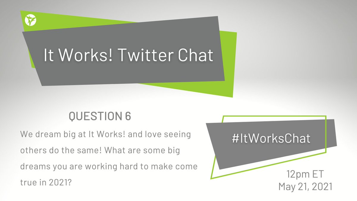 ItWorksGlobal's tweet photo. We dream big at It Works! and love seeing others do the same!

Q6: What are some big dreams you are working hard to make come true in 2021? #ItWorksChat https://t.co/MSRFt19NUh