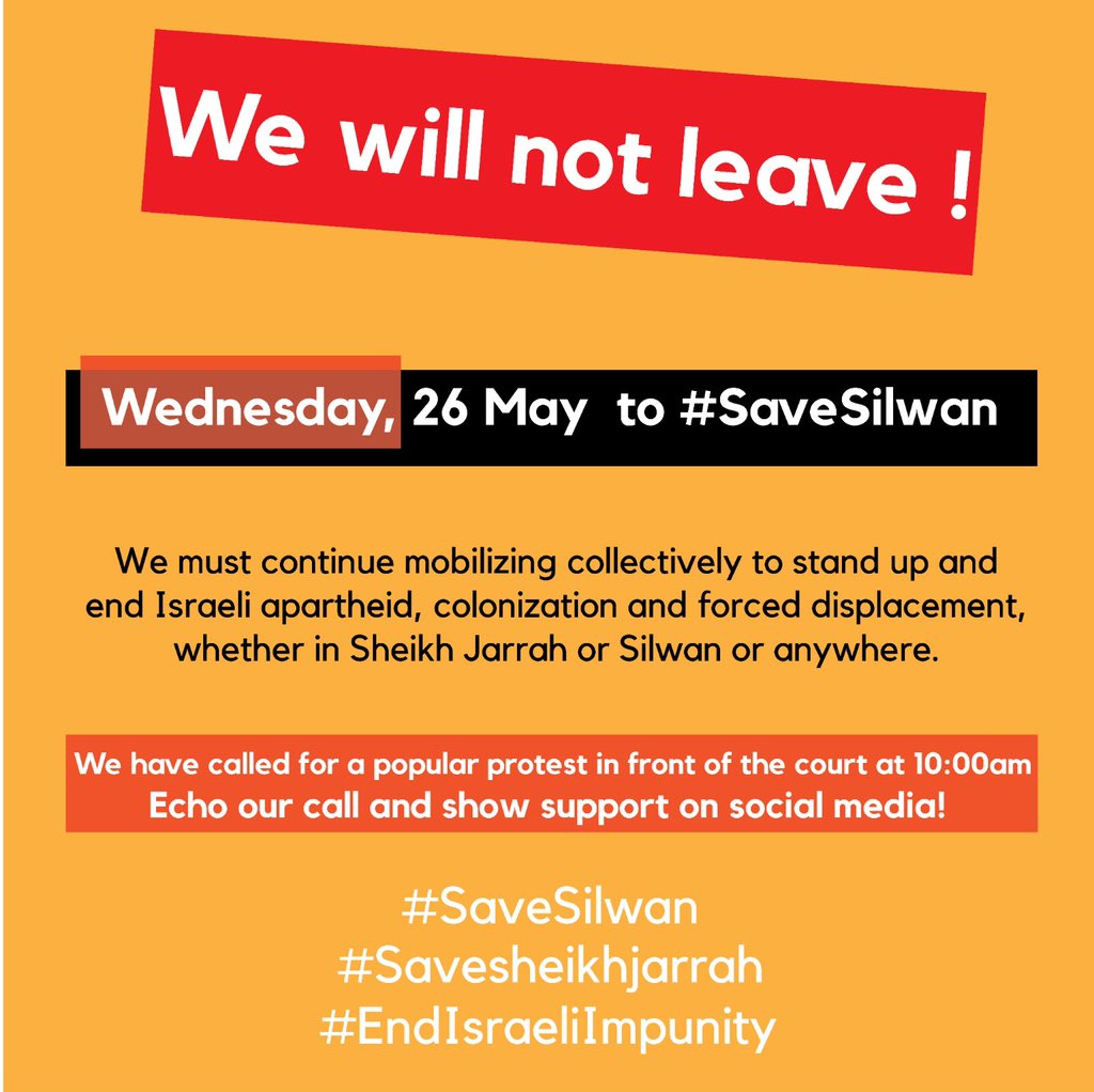 Barahmeh's tweet photo. The ethnic cleansing of Palestinians in Jerusalem continues. 800 people in Silwan, Jerualem are under threat of forcible displacement from their homes. Israeli courts are likely to rule in favour of illegal settlers next Wed. Let’s spread the word and make sure the world knows. https://t.co/plTVILRzrS