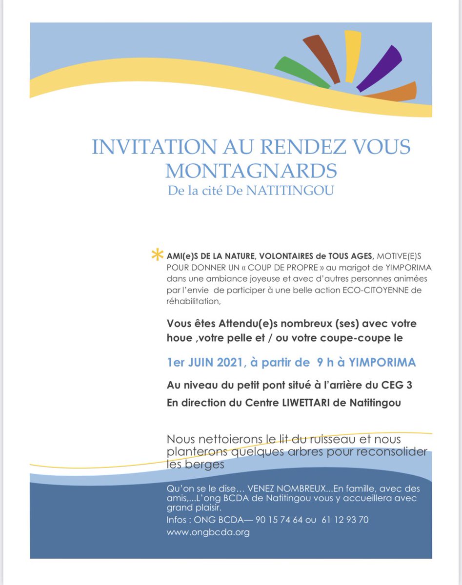 BcdaOng's tweet photo. Rendez-vous montagnard: campagne de salubrité et de reboisement le mardi 1er juin à partir de 9h à Yimporima à Natitingou.
Venez participer à une belle action écocitoyenne de réhabilitation.
Les montagnes sont importantes, notre environnement est important, votre engagement aussi https://t.co/Y6tKanQEEl
