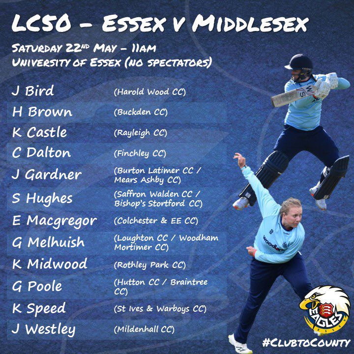 EssexWGPathway's tweet photo. TEAM NEWS | Here’s your 🦅 line up for the second London Championship game of the season. Tomorrow’s opposition is Middlesex.
Behind closed doors so no spectators but we look forward to welcoming you all soon! https://t.co/6jgA5Rn6ta