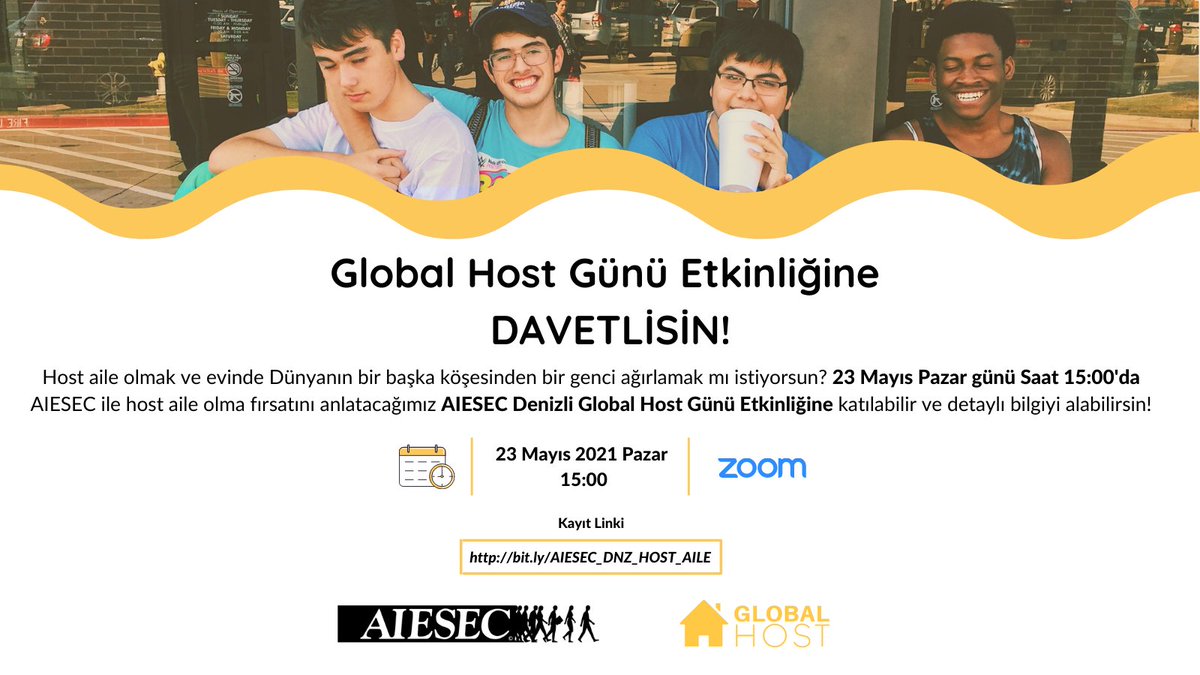 Host aile olmak ve evinde Dünyanın bir başka köşesinden bir genci ağırlamak mı istiyorsun? 23 Mayıs Pazar günü Saat 15:00'da AIESEC Denizli Global Host Günü Etkinliğine katılabilir ve detaylı bilgiyi alabilirsin!

Kayıt linki;
bit.ly/AIESEC_DNZ_HOS…
