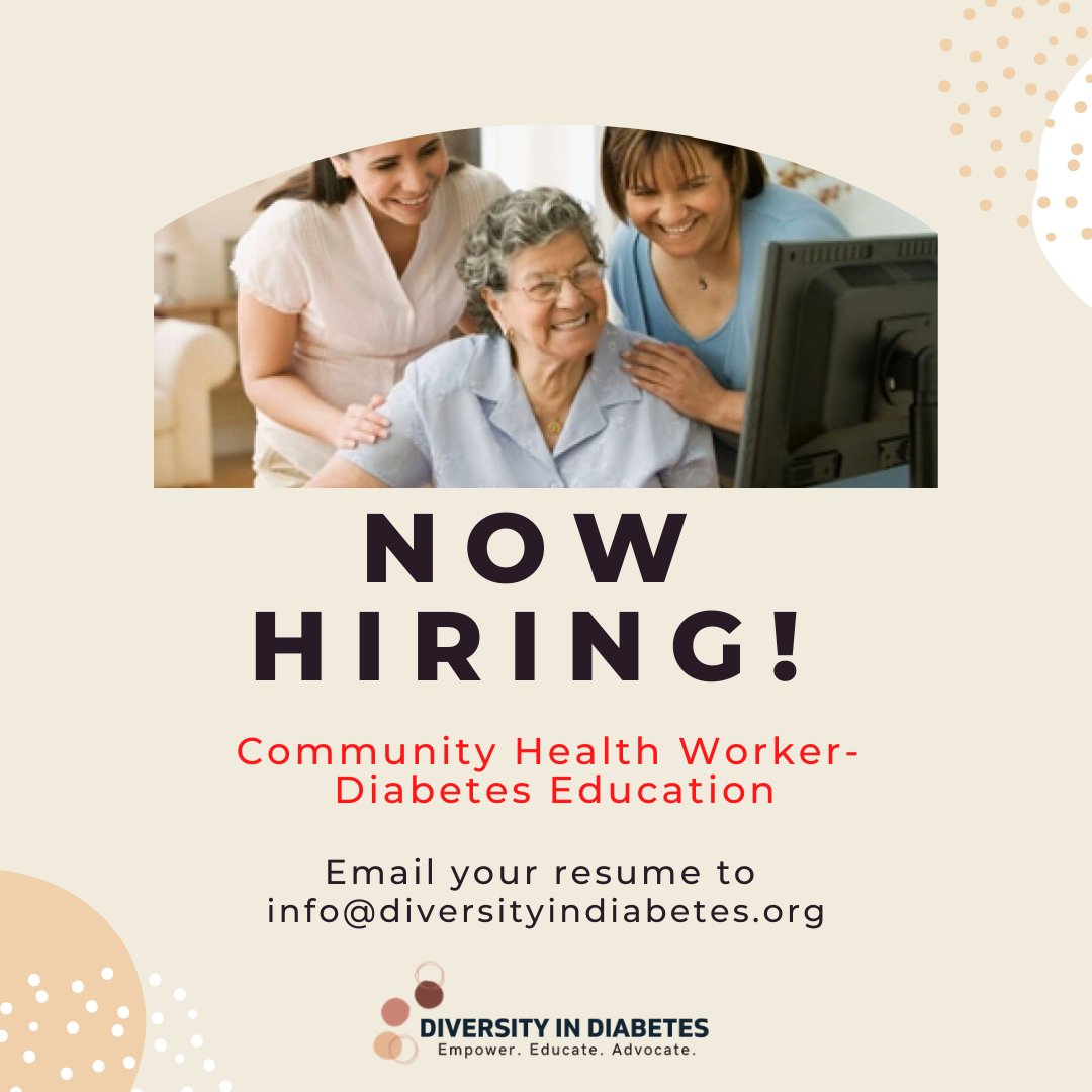 Hey #DOC, <a href="/diversity_DM_/">Diversity in Diabetes D.i.D</a>  is hiring! They're looking for a  community health worker w/ background in #diabetes education for paid PT work.

If interested, contact info@diversityindiabetes.org 

#T1D #T2D #BIPOC -AT