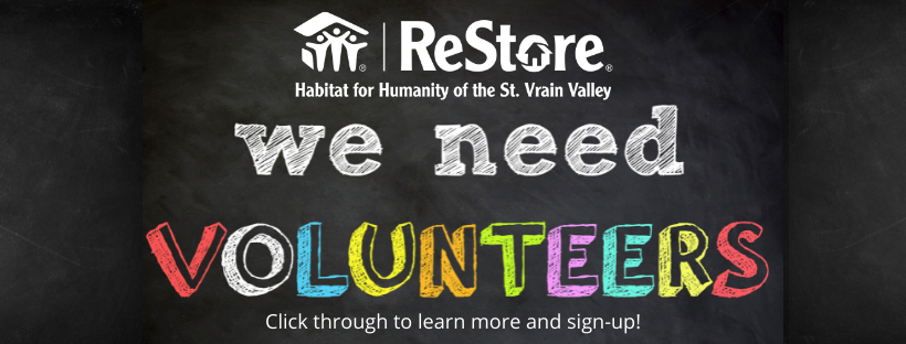 Welcome back! We're accepting volunteers again at St. Vrain Habitat ReStore! Volunteer with us this summer! Give back to your local community and support Habitat in a unique way. Sign up today! bit.ly/3vb1A5F