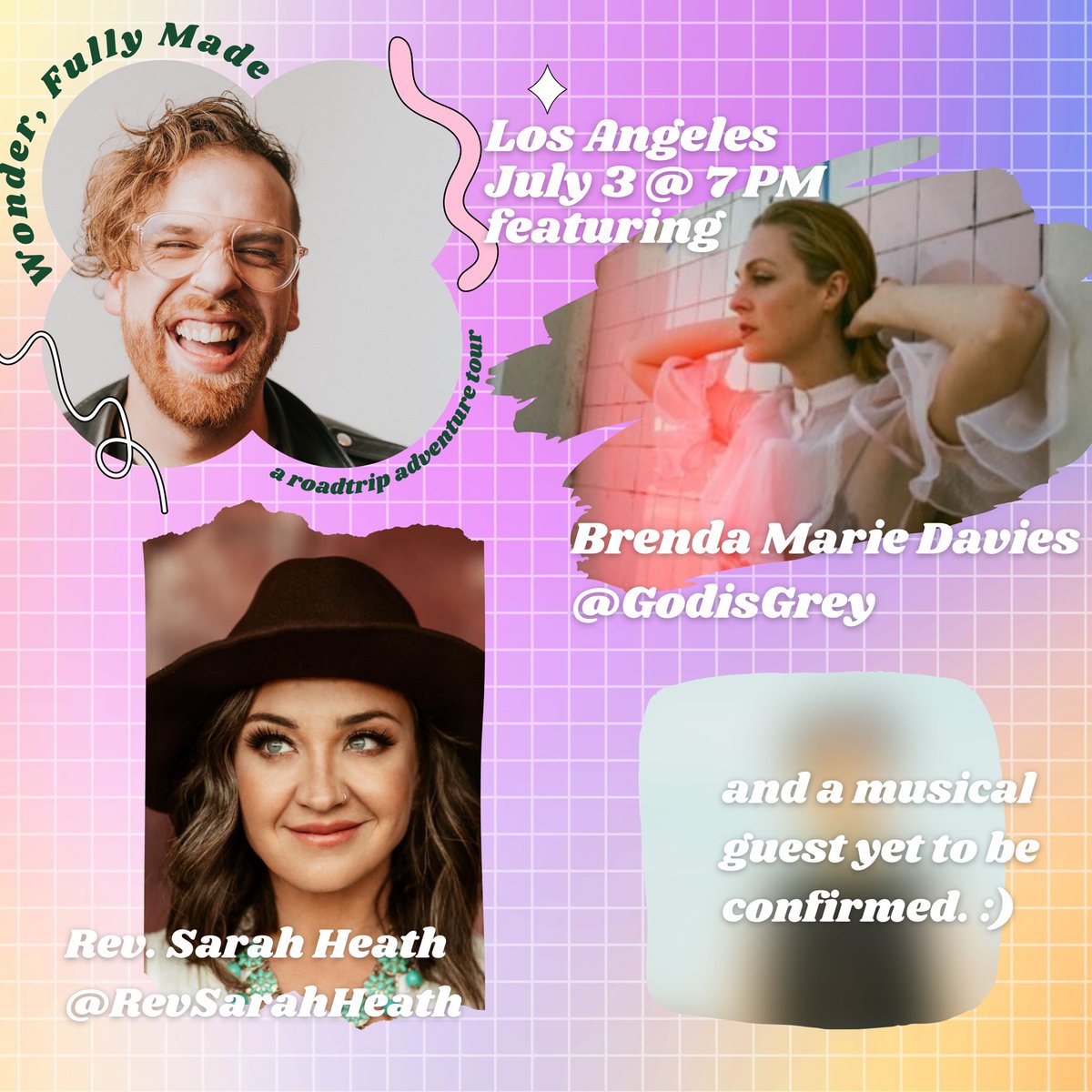 Excited to share that <a href="/GodisGreyxo/">God is Grey</a> and <a href="/revsarahheath/">Sarah Heath (she/her)</a> are joining me for Wonder, Fully Made LA!

Tickets go on sale tomorrow at noon ESTx Patreon fam already has early access!!!