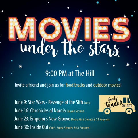 QSBC's tweet photo. Be sure to mark your calendars for Movies Under the Stars on Wednesday nights in June! Join us to enjoy a movie, food trucks, yard games and enter to win gift cards at each event. Movies start at 9PM but come early to enjoy fellowship. We'll see you there! https://t.co/EC65yu7Abm