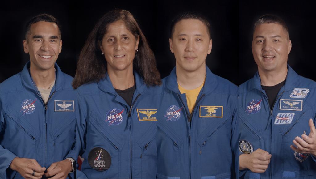 Composite image of four NASA astronauts in flight suits: Raja Chari, Suni Williams, Jonny Kim, and Kjell Lindgren