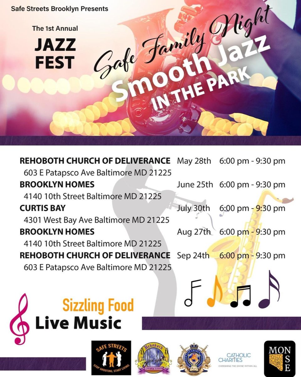 What makes #summer nights cool? Smooth jazz! Join @SafeStreetsBalt of Brooklyn one week from tonight - and every month through September - for some sweet, soulful sounds! Mark your calendars now! (Click the pic for details) @PhyliciaPorter_