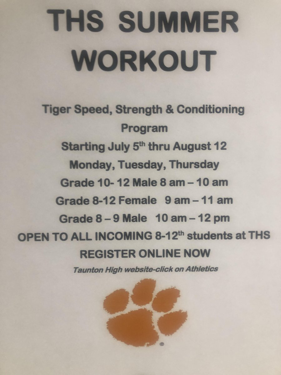 Tiger, Speed, Strength and Conditioning Camp

Online registration link highschool.tauntonschools.org/apps/form/form…

#gotigers