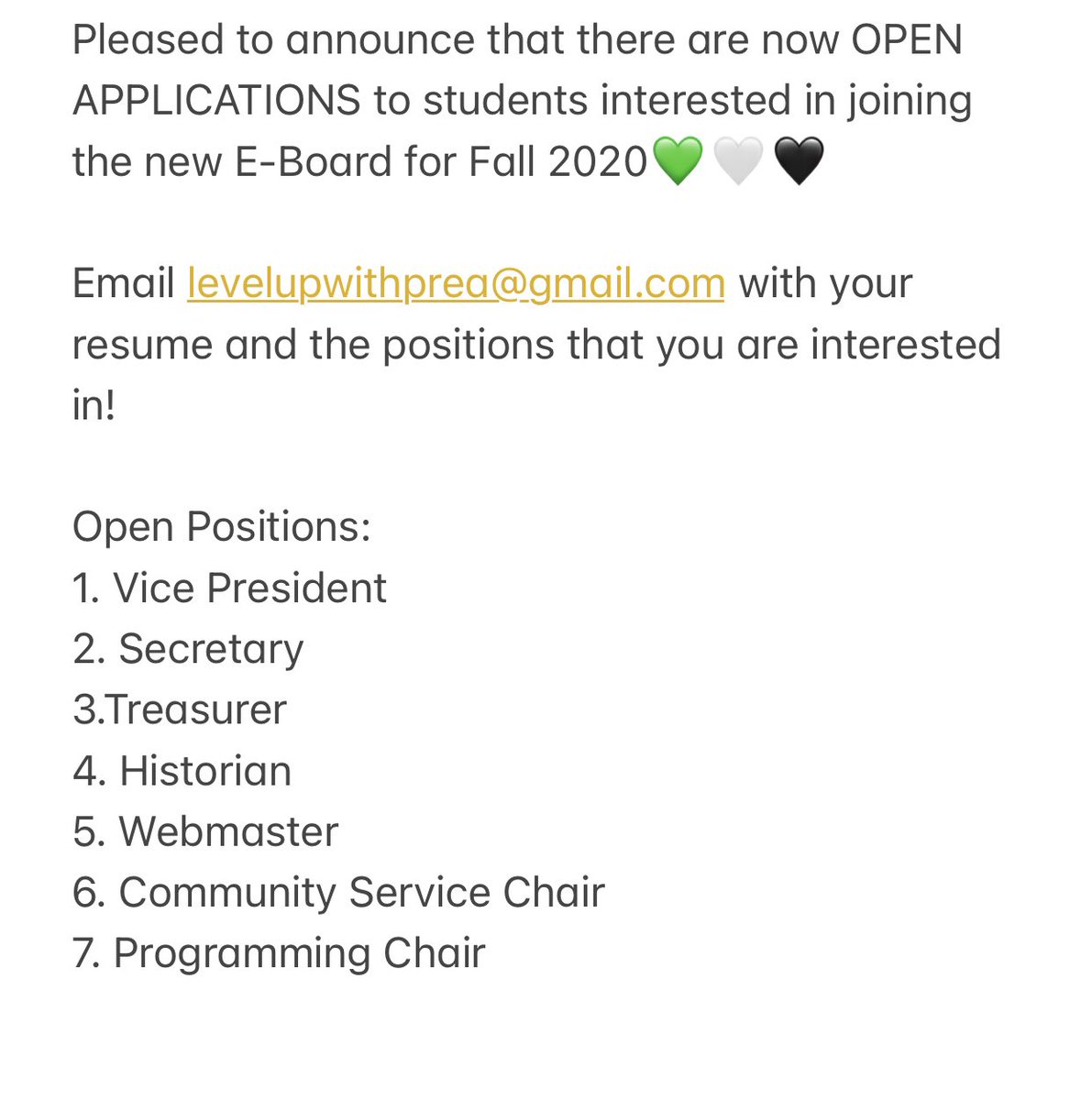 PreaJackson's tweet image. Please to announce that there are NOW OPEN APPLICATIONS to students interested in joining the new E-Board for Fall 2021🖤💚🤍