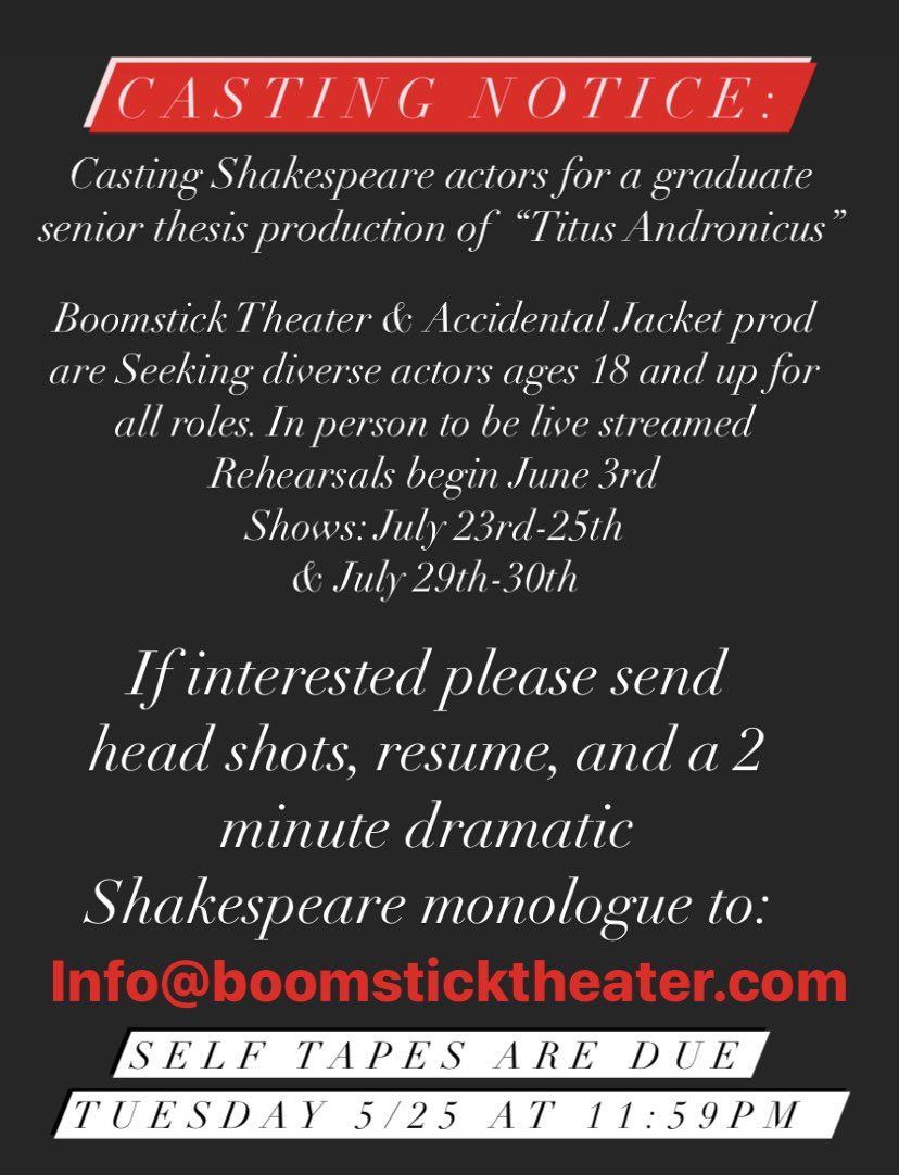 BoomStickThtr's tweet photo. #CASTING #Shakespeare Actors in LA! 
Email: info@boomsticktheater.com your self tapes and inquiries! Covid-complaint set and production! SUBMIT ASAP! https://t.co/ECRKpoamGt