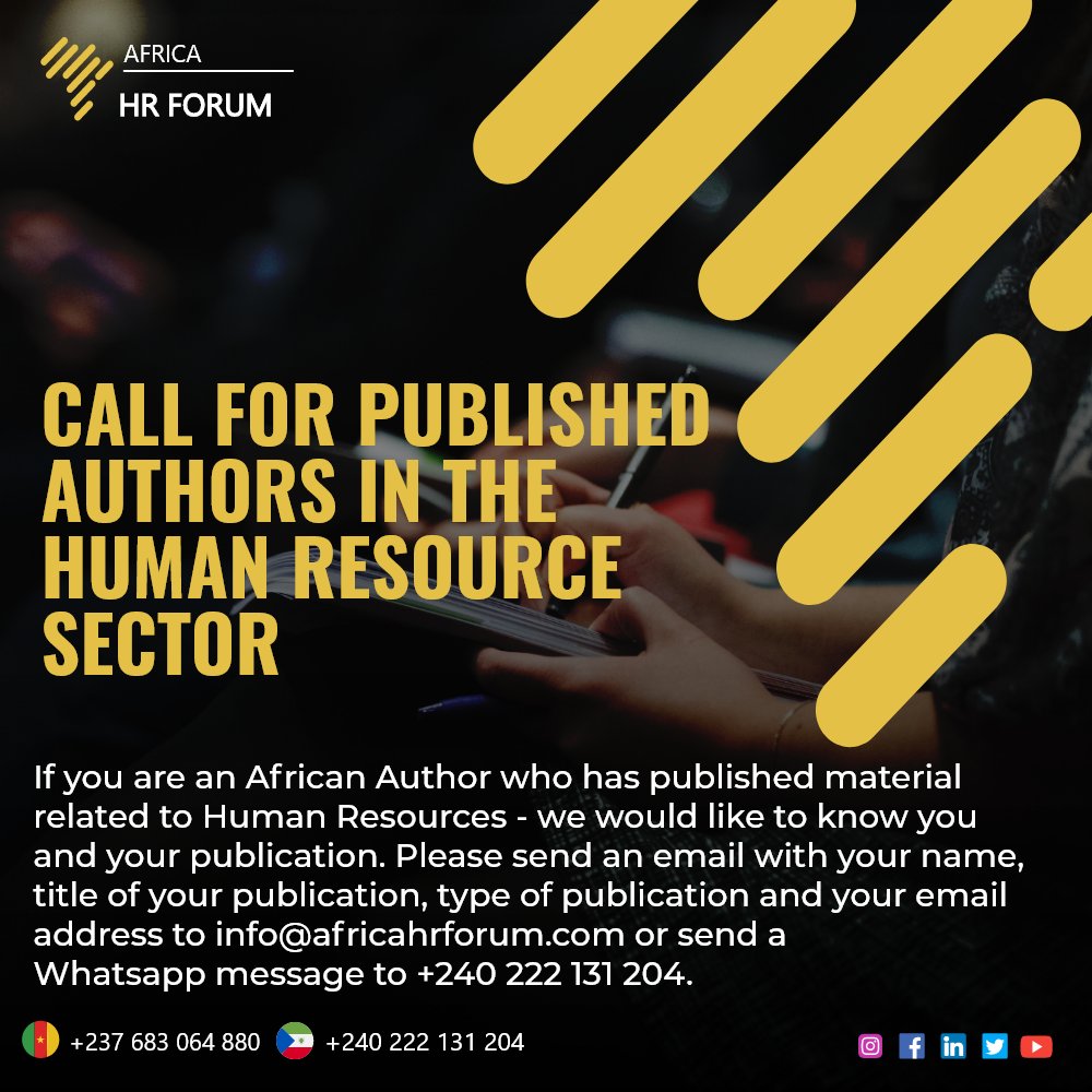 If you are an African Author who has published material related to HR - we would like to know you and your publication. Please send an email with your name, title and type of publication with your email address to info@africahrforum.com or send a WhatsApp message to +240222131204