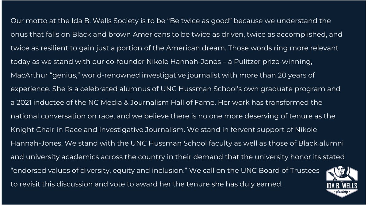 Our statement on the tenure status of @nhannahjones at UNC.