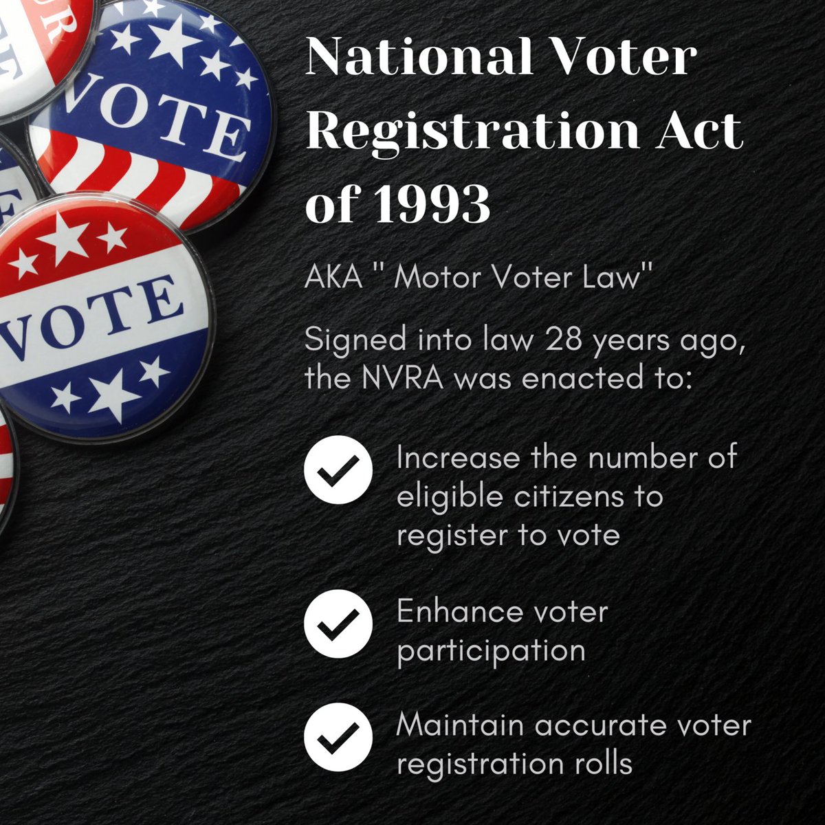 LetAmericaVote's tweet photo. 28 years ago the National Voter Registration Act helped to make voting easier and the #ForThePeopleAct (HR1/S1) will modernize voter registration with online registration, same-day voter registration, and automatic voter registration. https://t.co/RhdgL5Gosf