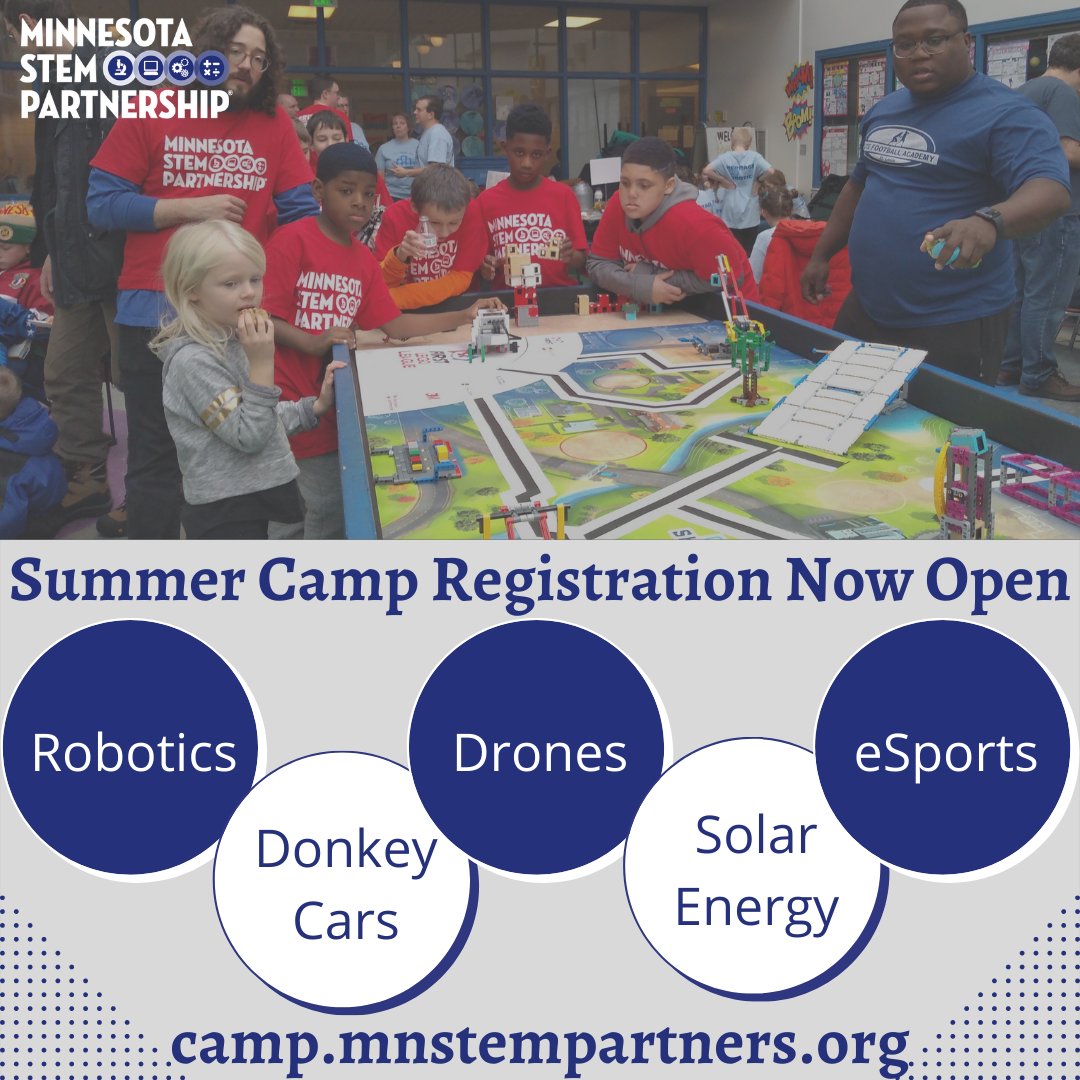 MnSTEMpartners's tweet image. Summer camp registration is now open! Students, sign up today for a chance at learning high-tech this summer! #mnstem #robotics #drones #eSports #donkeycar #solar #environmentaljustice

Register at: camp.mnstempartners.org