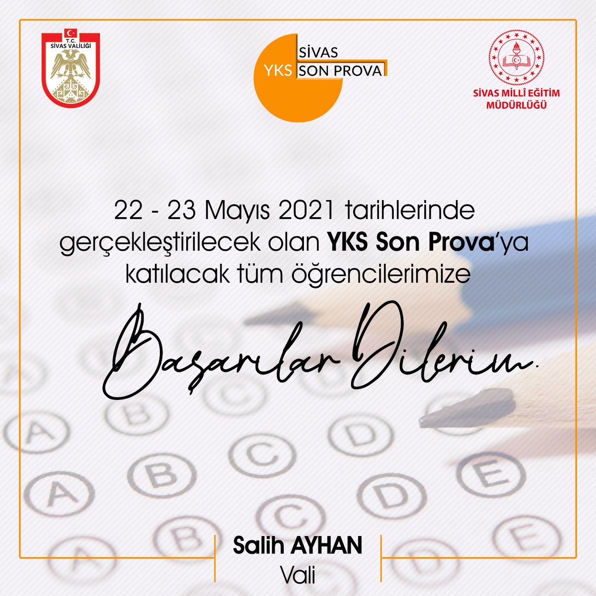 valisalihayhan's tweet photo. Sevgili Öğrenciler, 
Sizlerin gerçek bir sınav ortamında YKS denemesine girebilmeniz için her şeyi hazırladık.
Gerçeğini aratmayan prova #ykssonprovasivas

Hazır mısınız? https://t.co/y9fiQSjmWt