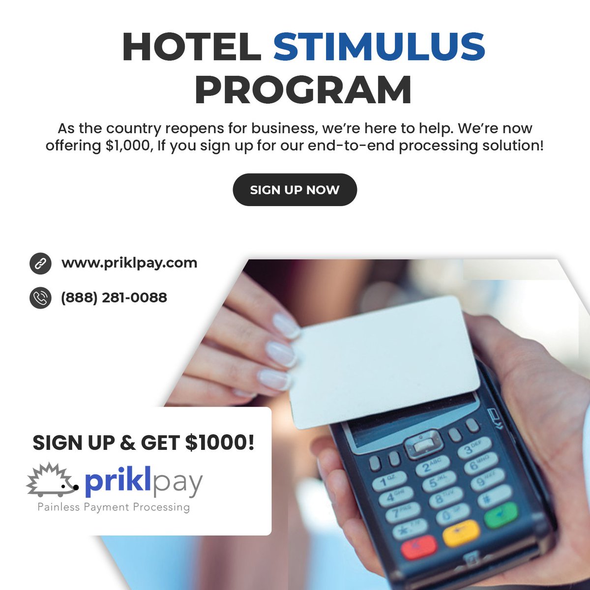 HOTEL STIMULUS PROGRAM!
With PRIKL PAY solution, you have one provider for all your payment needs, saving time and money.

Sign Up &amp; Get $1000!

Learn More: zcu.io/WlRM
Call Us: (888) 281-0088

#businessowner
#hotel
#stimulus
#restaurant
#MG52