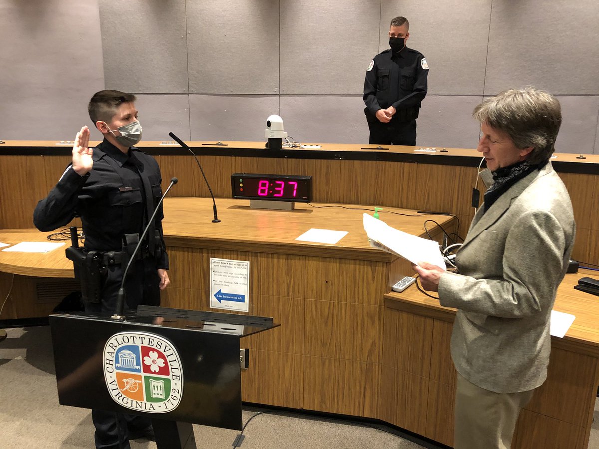 cvillepolice's tweet photo. Congratulations to Officer Brian Curry and Officer Heather Bradley! They were sworn in today by Chief Deputy Clerk David Schmidt and took their oaths to officially join the ranks! #WelcomeAboard #ServiceBeyondtheCall @ChiefB_CvillePD https://t.co/KfZ8dDm4el